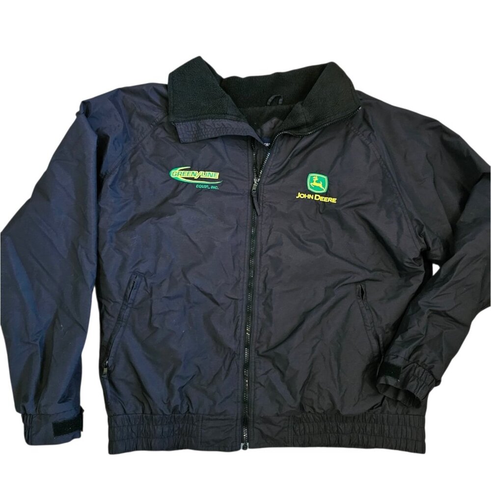 Y2K John Deere Fleece Lined Windbreaker Jacket Full Zip Black Nylon Sz XL